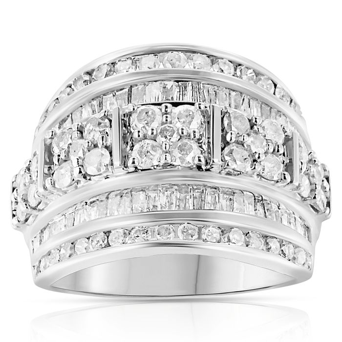 .925 Sterling Silver 2.0 Cttw Round & Baguette Cut Diamond Multi-Row Channel Set Tapered Cocktail Fashion Ring (I-J Color, I3 Clarity) - Size 6